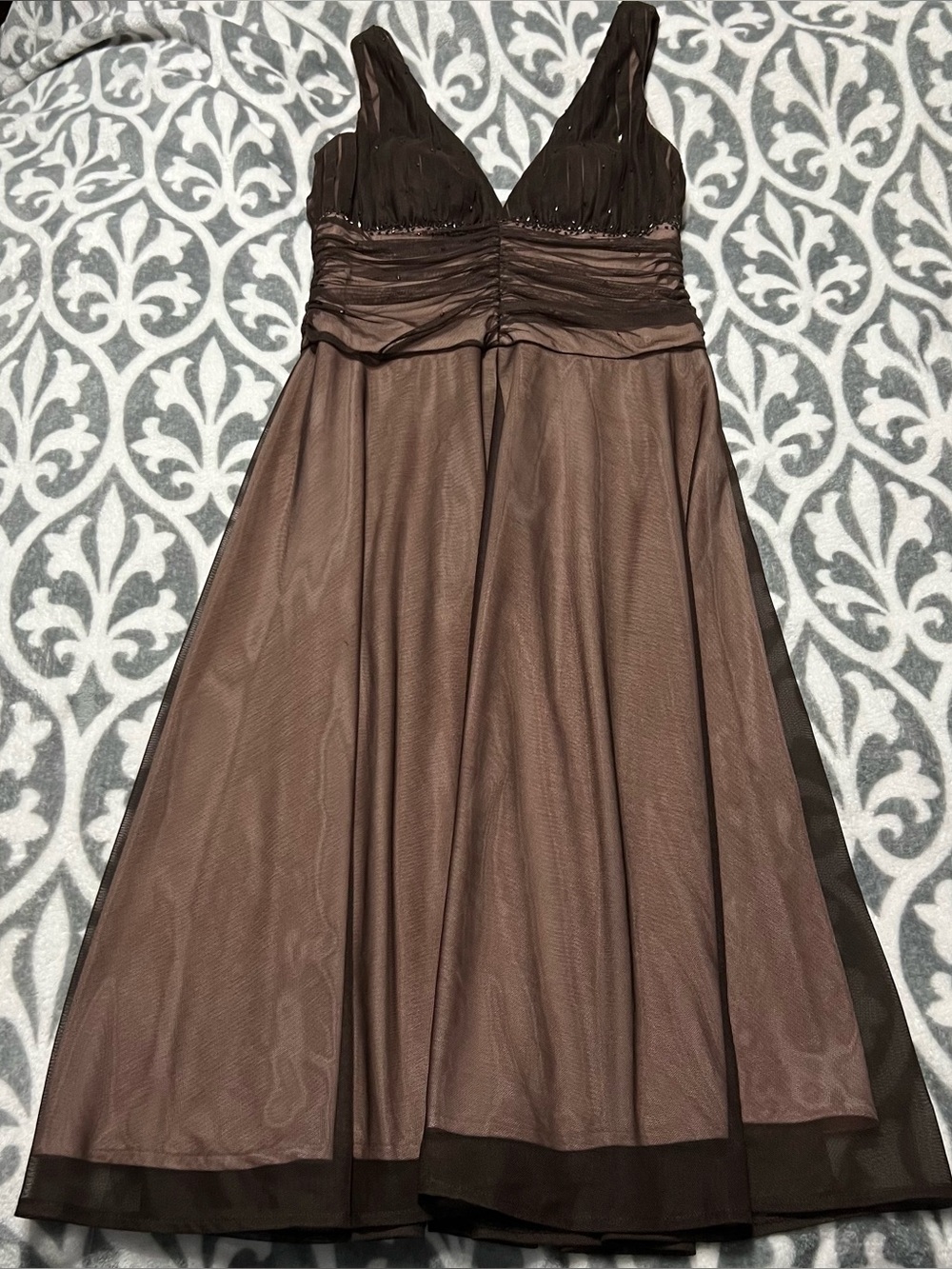 JS Boutique vintage Y2K brown mesh formal dress featuring a beaded V-neck bodice